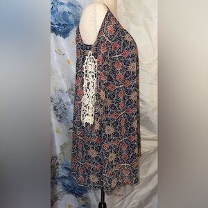 Umgee Shirt Bohemian Print Unconventional Lace Light weight Women's Blouse Tunic